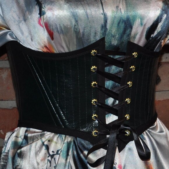 Back & Front Lace-up Corset Belt Dark Shiny Green Faux Leather W/ Boning XS - Picture 9 of 9